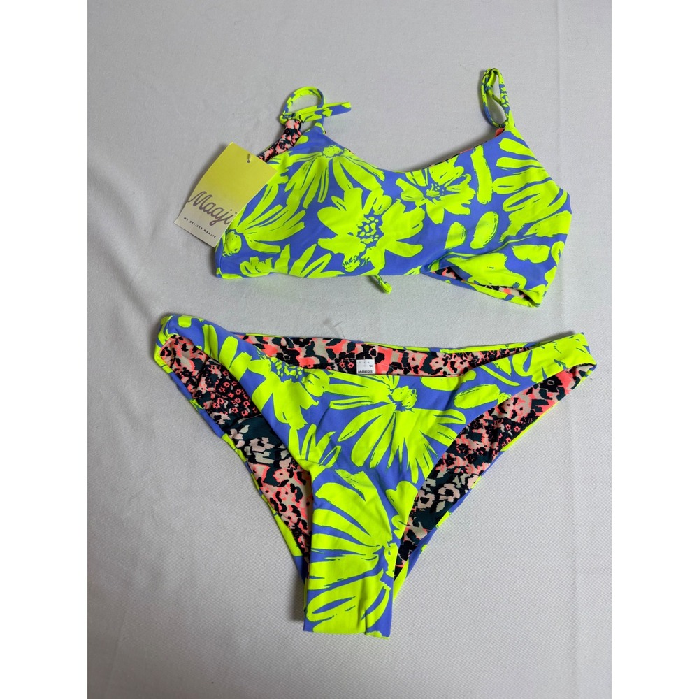 Maaji Bikini Set Medium Neon Floral Leopard New Reversible Lace Up Two Piece